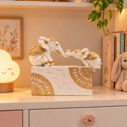 Ornate White & Gold Elephant Family Showpiece | Royal Mother and Calf Figurine for Living Room & Home Decor