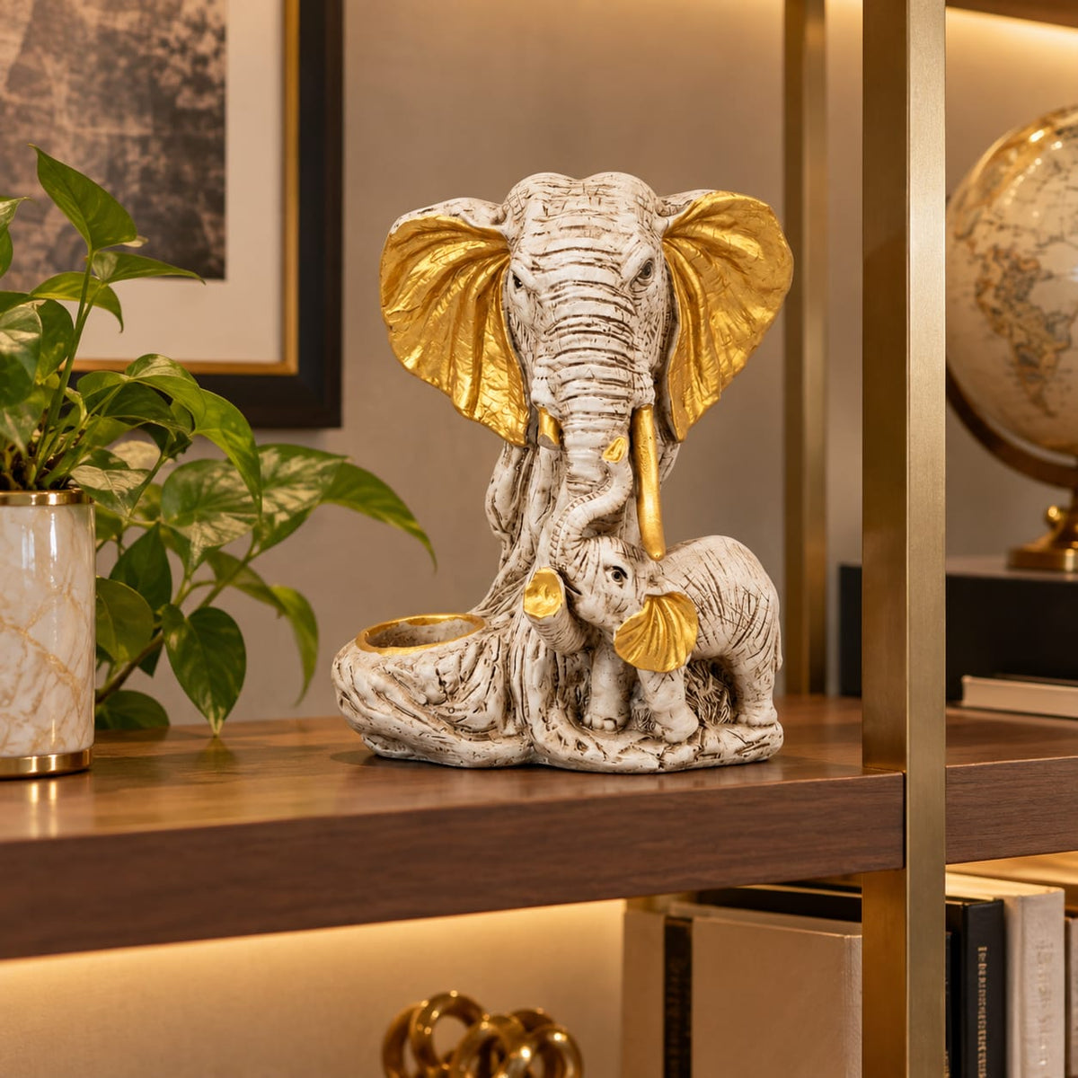 Elephant Family Figurine with Tealight Holder | White & Gold Mother and Calf Showpiece for Living Room & Home Decor