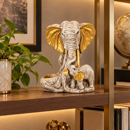 Elephant Family Figurine with Tealight Holder | White & Gold Mother and Calf Showpiece for Living Room & Home Decor