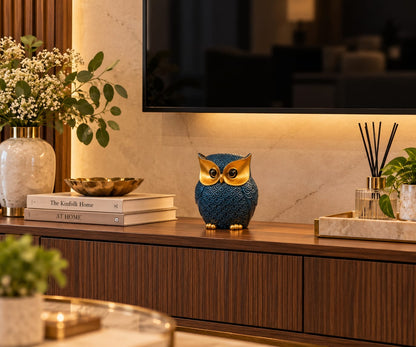 Blue and Gold Textured Owl Figurine | Wise Owl Showpiece for Living Room & Study Table Decor