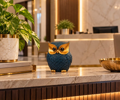 Blue and Gold Textured Owl Figurine | Wise Owl Showpiece for Living Room & Study Table Decor