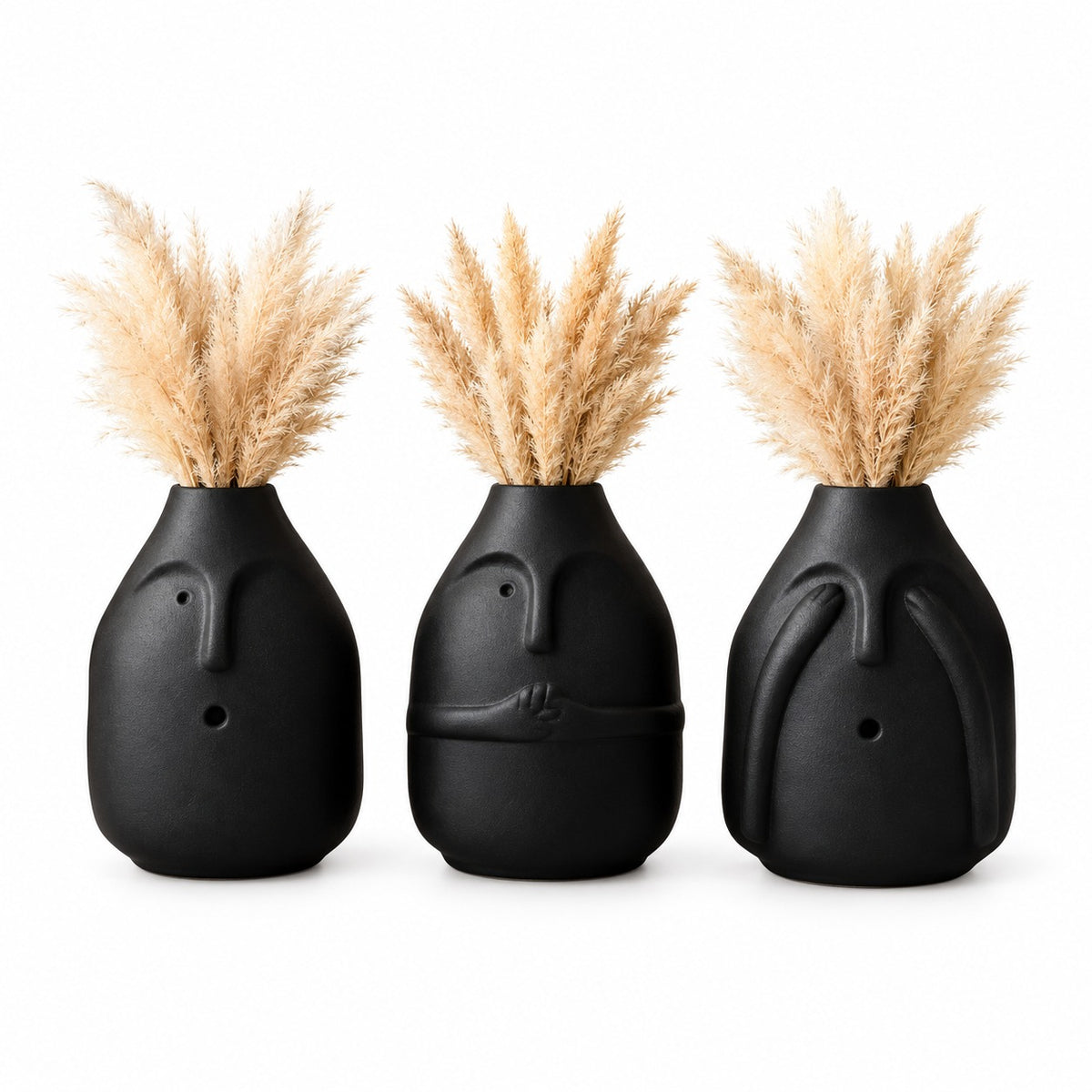 Modern Minimalist Face Ceramic Flower Vase Set | Black Sculptural Pot Set for Living Room & Home Decor