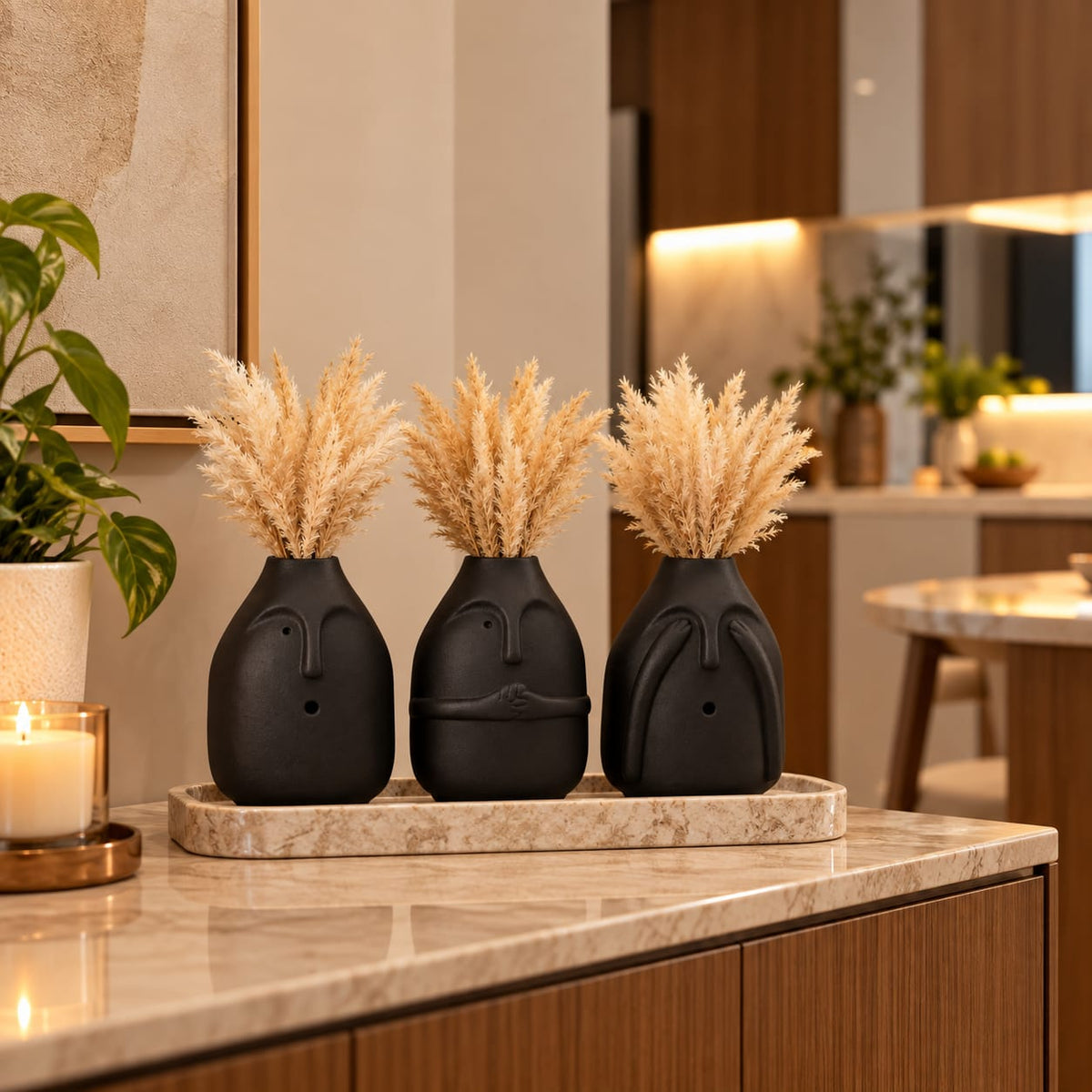 Modern Minimalist Face Ceramic Flower Vase Set | Black Sculptural Pot Set for Living Room & Home Decor