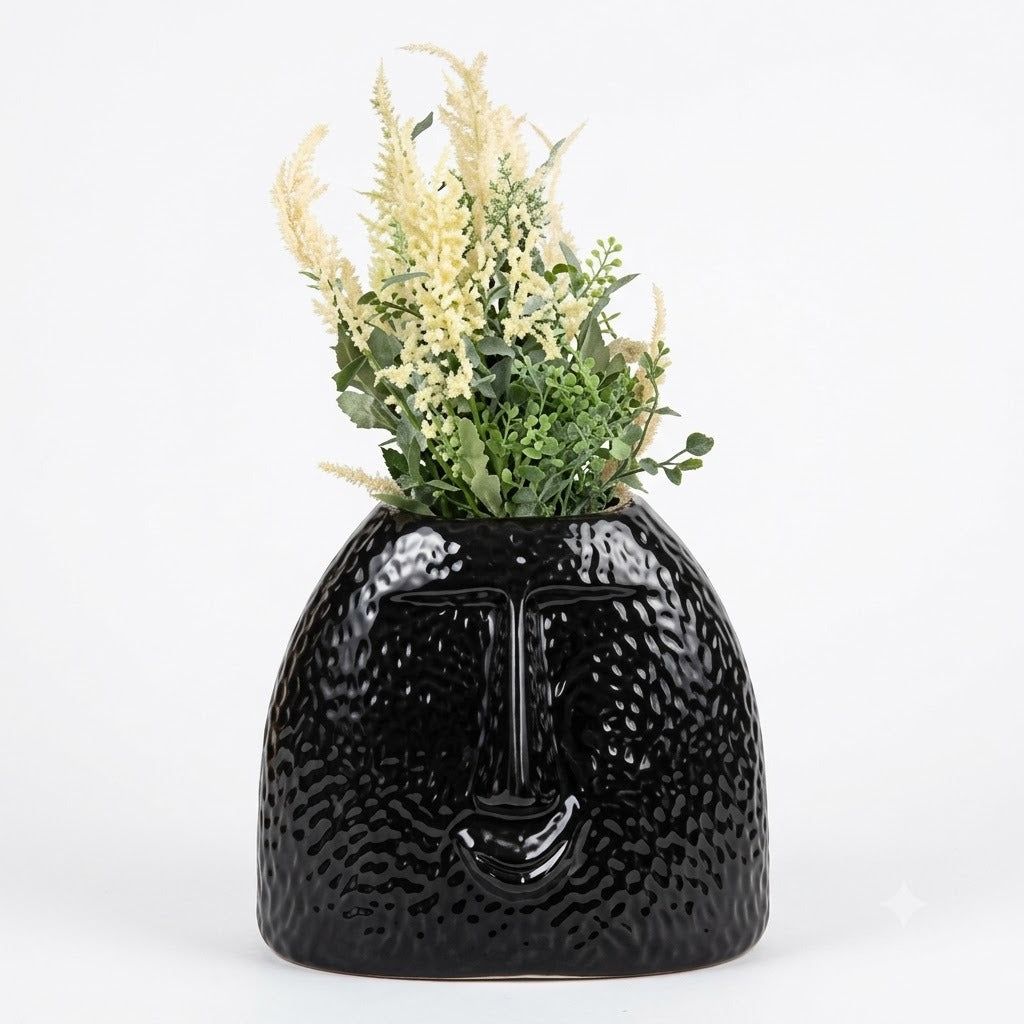 Aesthetic Glossy Black Textured Pot for Living Room & Home Decor