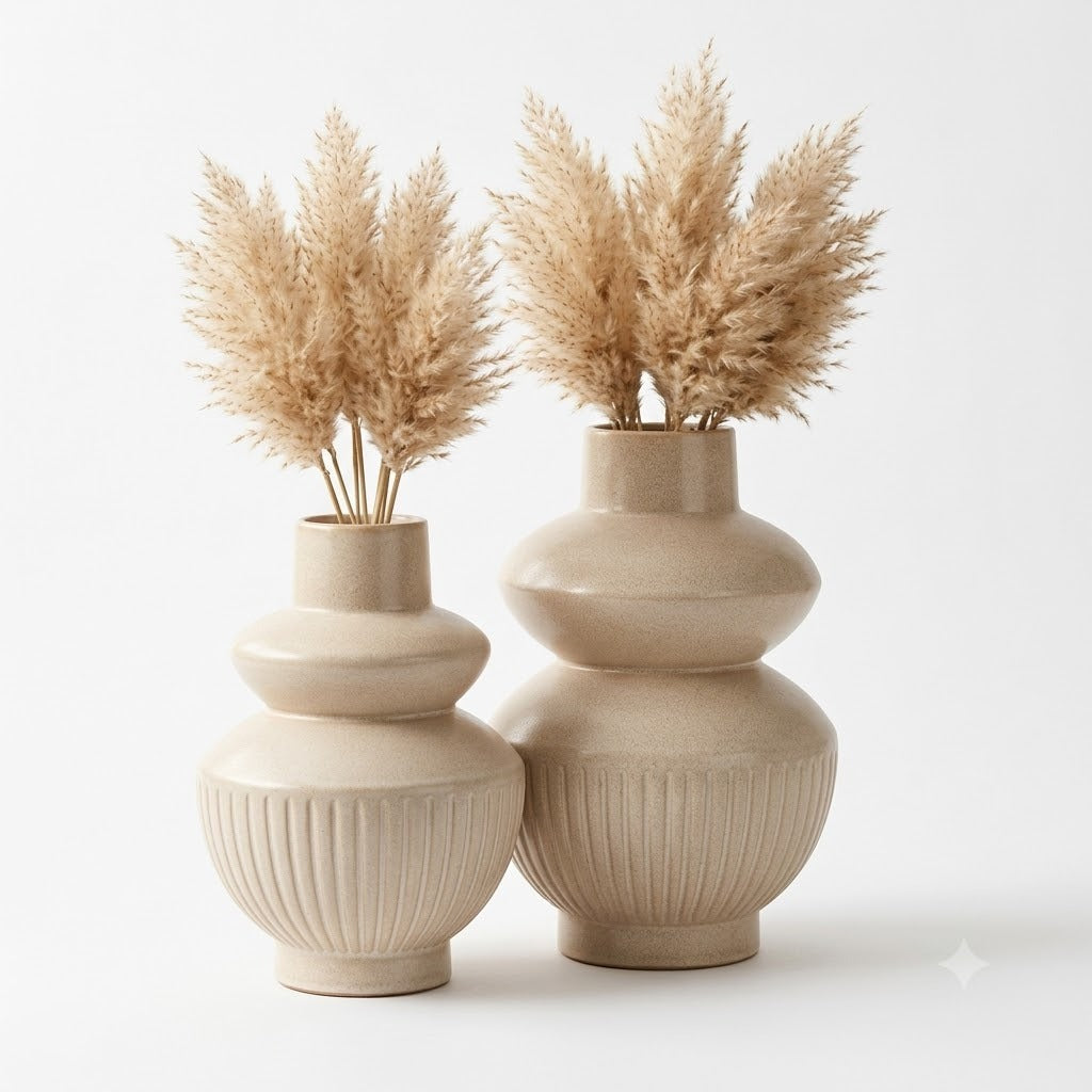 Aesthetic Beige Textured Gourd-Style Pot Set for Living Room & Home Decor