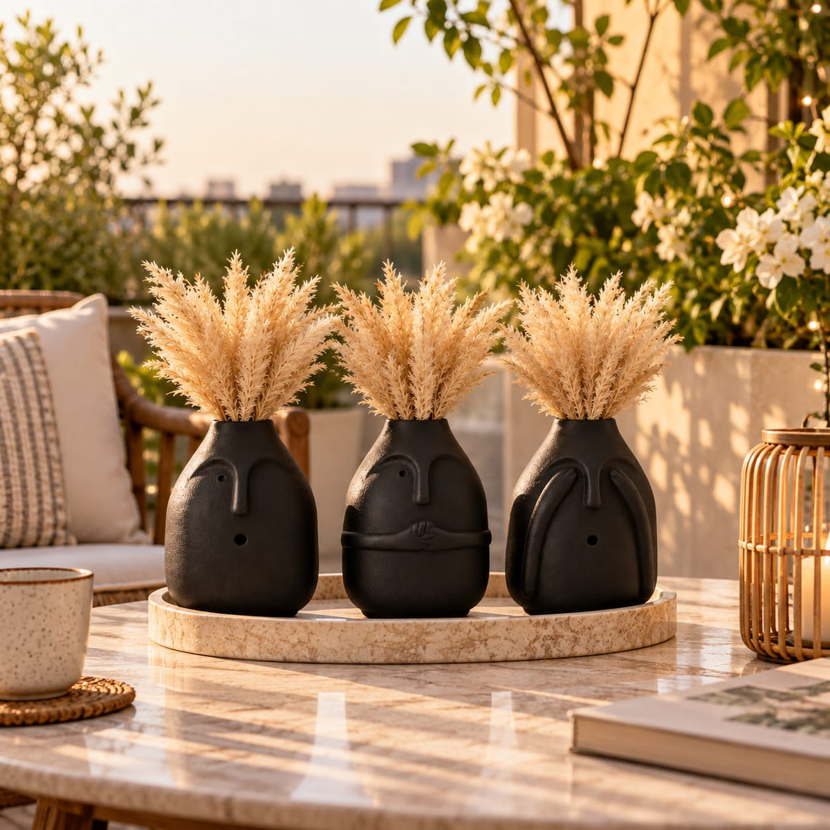Modern Minimalist Face Ceramic Flower Vase Set | Black Sculptural Pot Set for Living Room & Home Decor