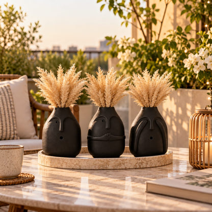 Modern Minimalist Face Ceramic Flower Vase Set | Black Sculptural Pot Set for Living Room & Home Decor
