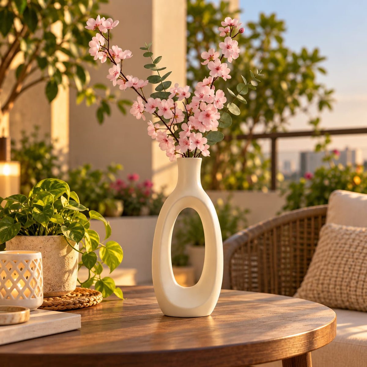 Aesthetic Cream Hollow Ring Pot for Living Room & Home Decor