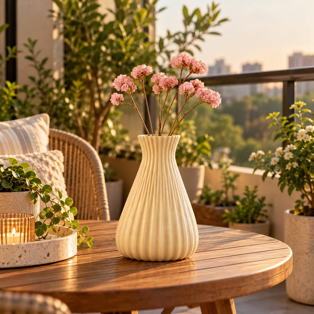 Aesthetic Cream Fluted Pot for Office Desk & Home Decor