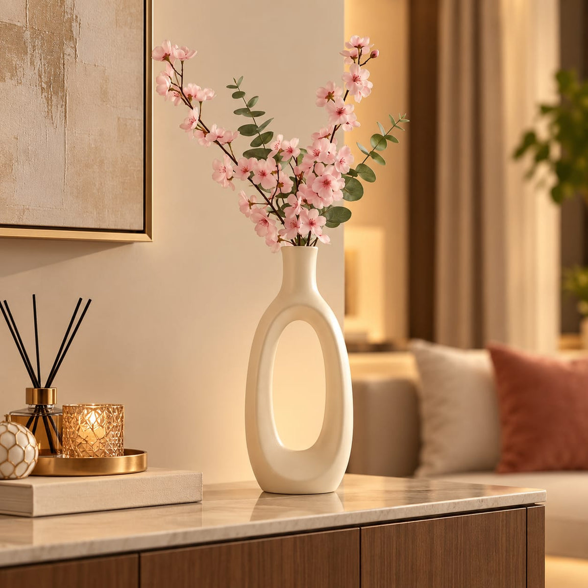 Aesthetic Cream Hollow Ring Pot for Living Room & Home Decor