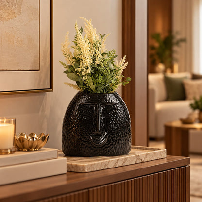 Aesthetic Glossy Black Textured Pot for Living Room & Home Decor