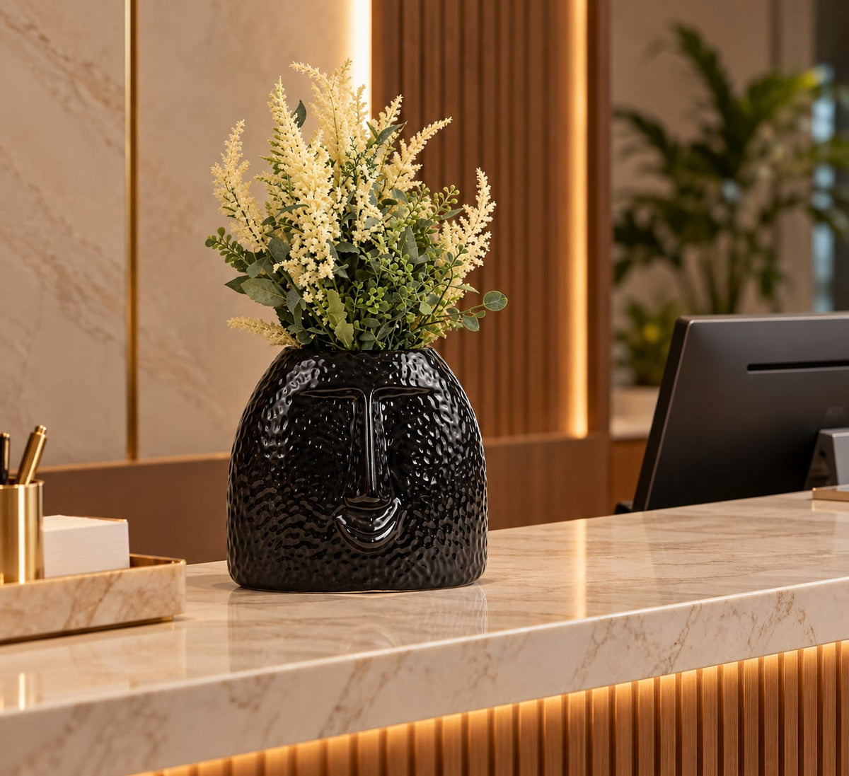 Aesthetic Glossy Black Textured Pot for Living Room & Home Decor