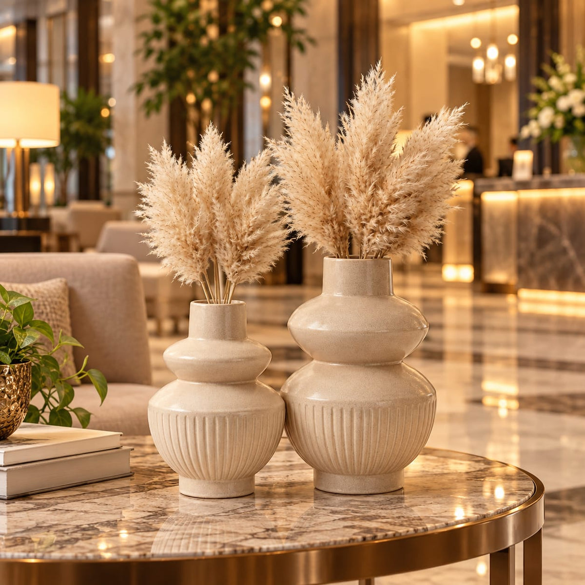 Aesthetic Beige Textured Gourd-Style Pot Set for Living Room & Home Decor
