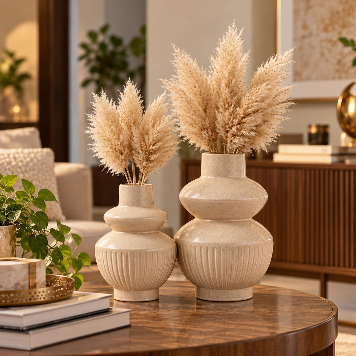 Aesthetic Beige Textured Gourd-Style Pot Set for Living Room & Home Decor