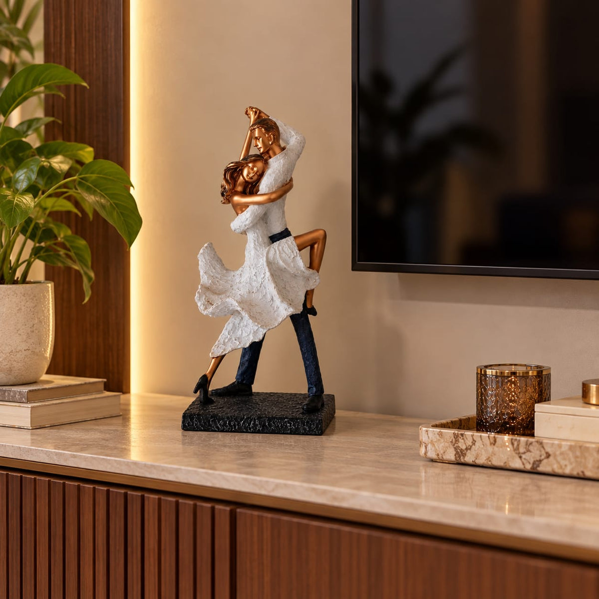 Romantic Dancing Couple Figurine | Elegant White & Gold Anniversary Showpiece for Living Room & Bedroom Decor