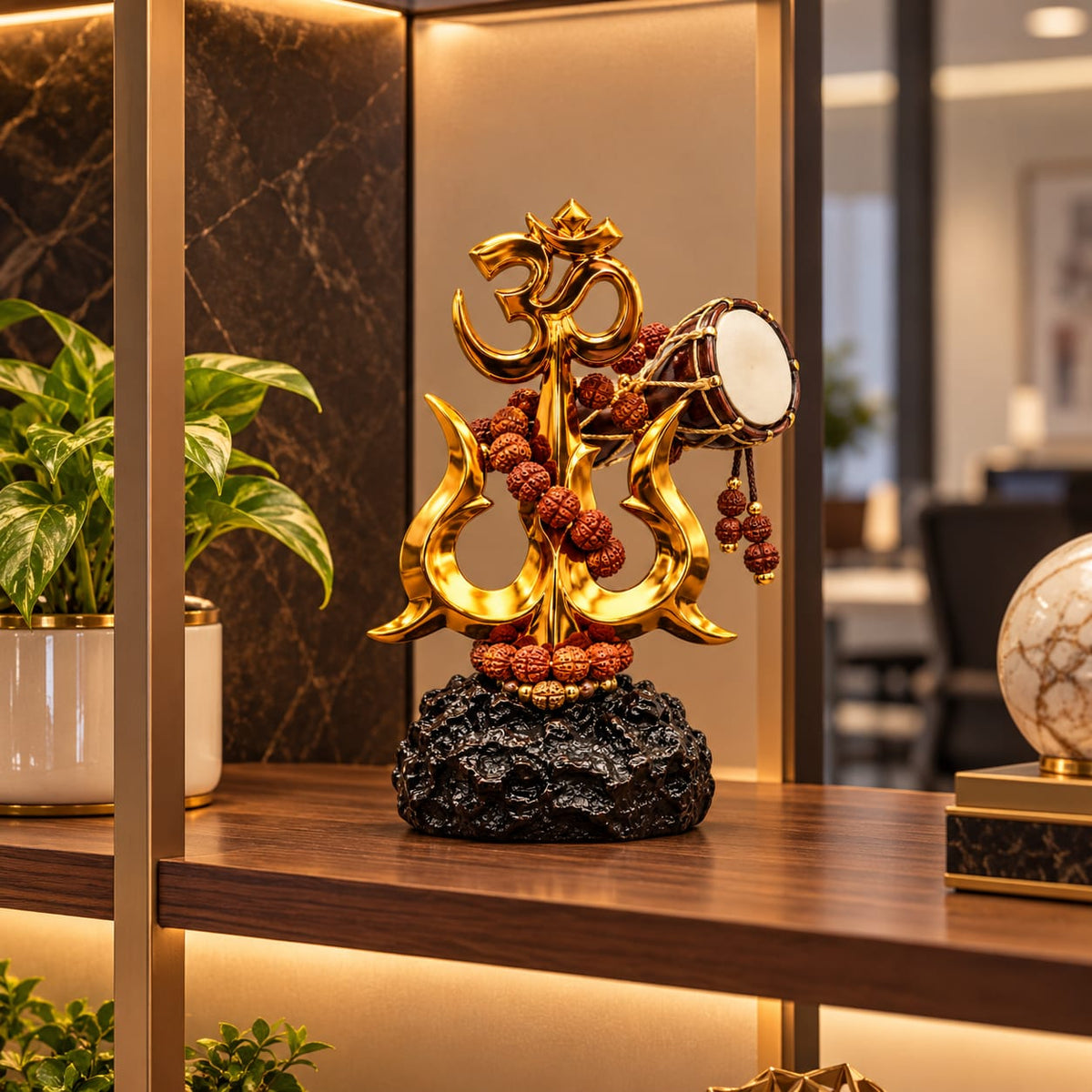 Divine Shiva Trishul, Damru & Om Showpiece with Rudraksha Beads | Spiritual Golden Idol for Home Temple & Living Room Decor