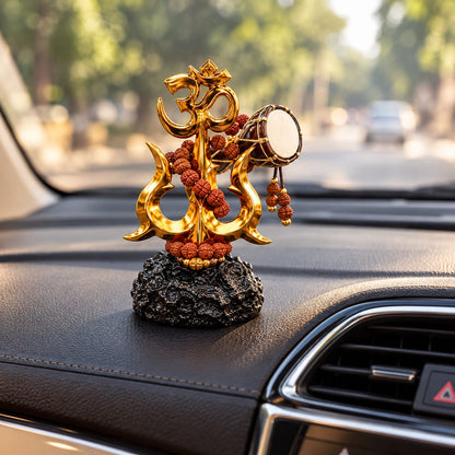 Divine Shiva Trishul, Damru & Om Showpiece with Rudraksha Beads | Spiritual Golden Idol for Home Temple & Living Room Decor