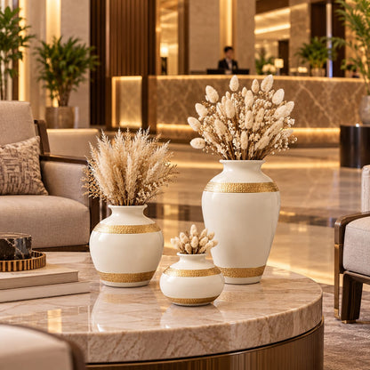 White & Gold Trimmed Ceramic Flower Vase Set | Elegant Sculptural Pot Trio for Living Room & Home Decor