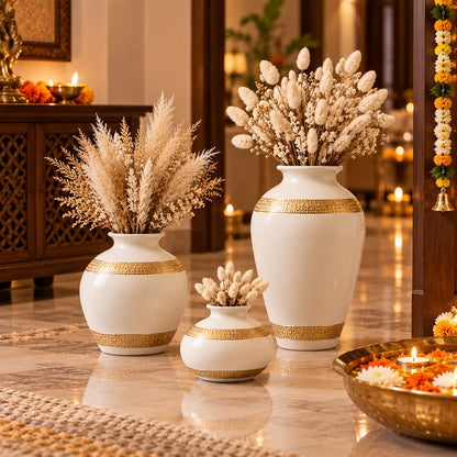White & Gold Trimmed Ceramic Flower Vase Set | Elegant Sculptural Pot Trio for Living Room & Home Decor
