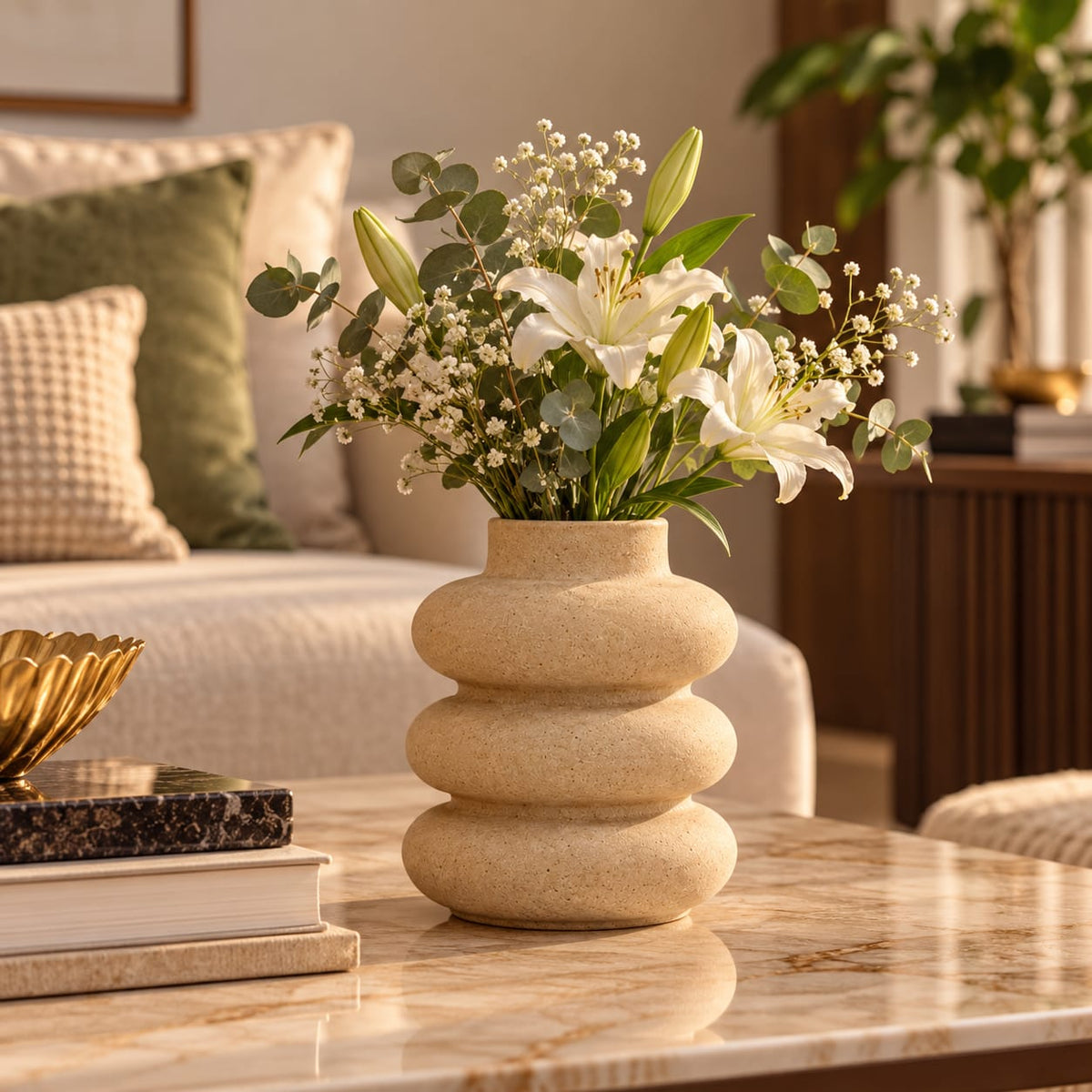 Stacked Ring Ceramic Flower Vase | Textured Beige Gourd-Style Pot for Living Room & Home Decor