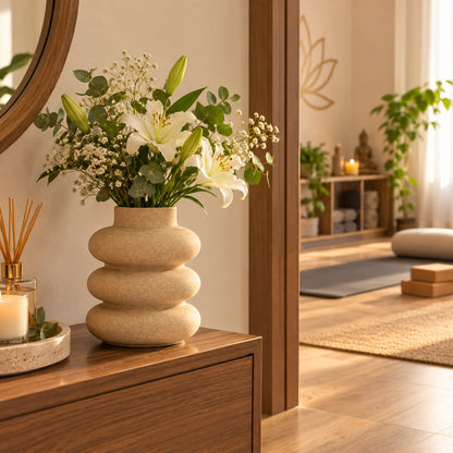 Stacked Ring Ceramic Flower Vase | Textured Beige Gourd-Style Pot for Living Room & Home Decor
