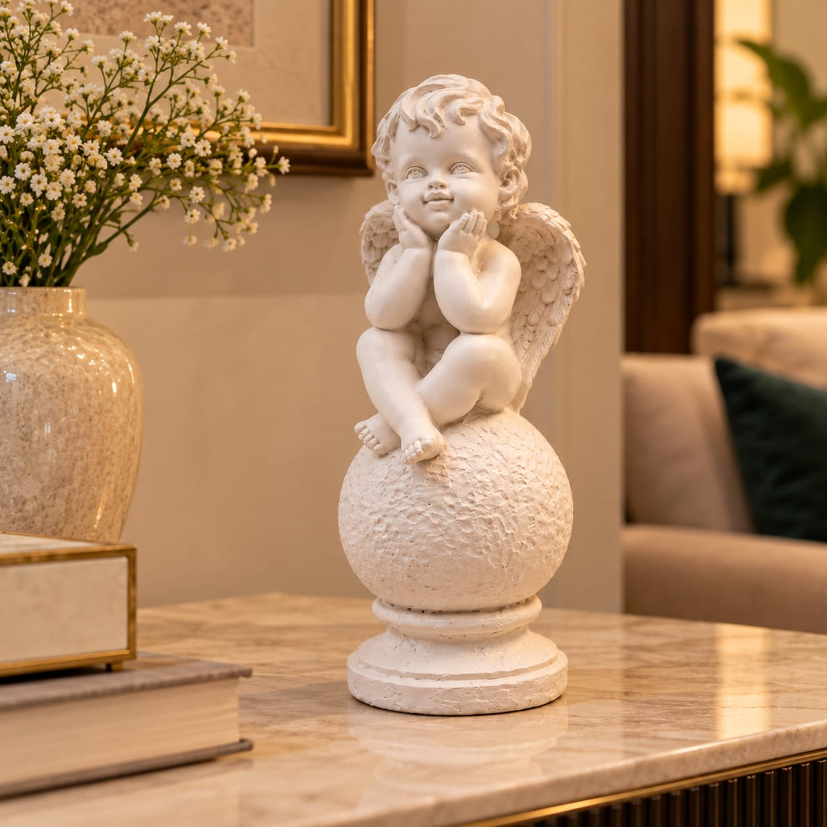 Celestial Cherub Angel Figurine on Pedestal | Matte White Sitting Cupid Showpiece for Living Room & Home Decor