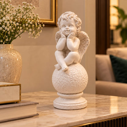 Celestial Cherub Angel Figurine on Pedestal | Matte White Sitting Cupid Showpiece for Living Room & Home Decor