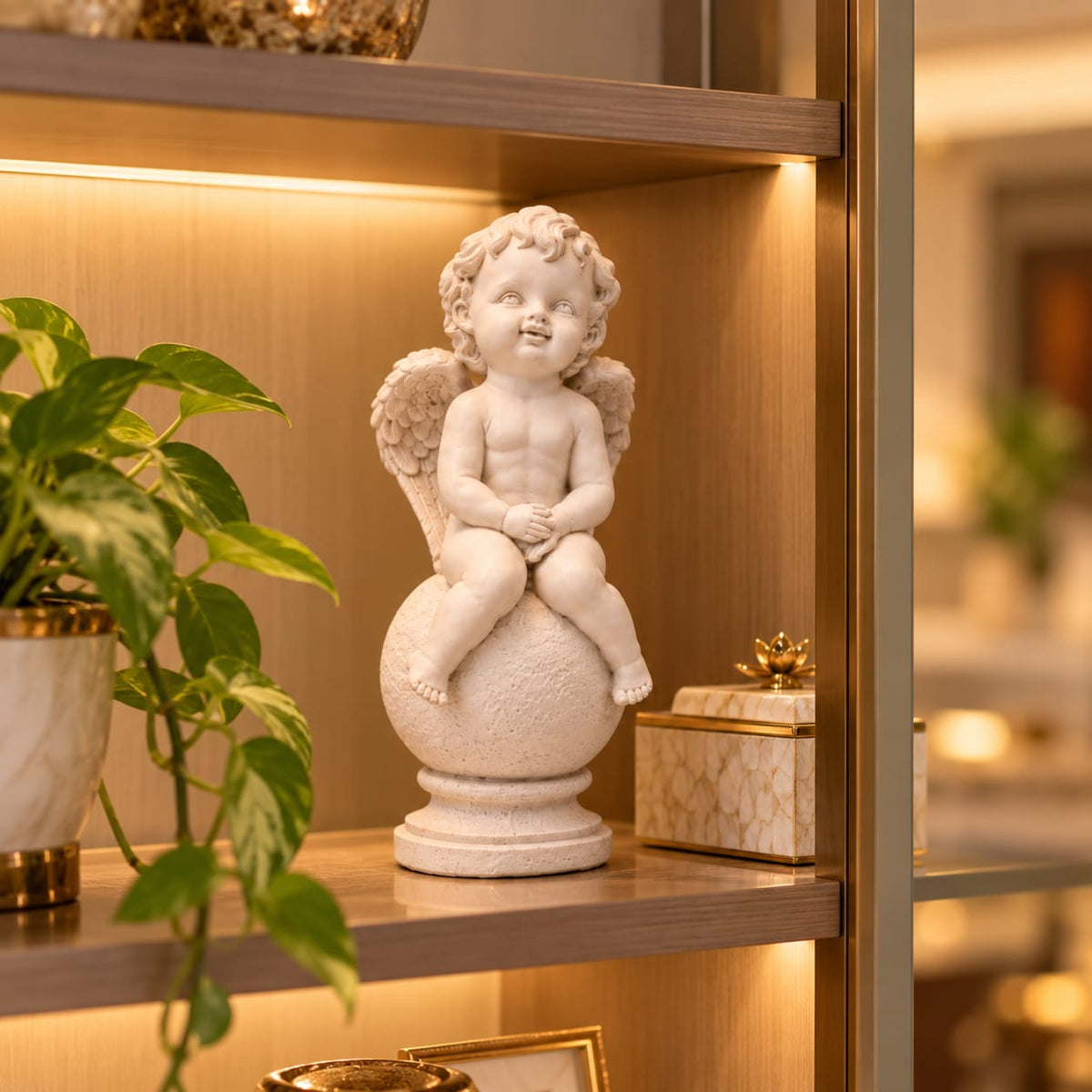Celestial Cherub Angel Globe Figurine | Matte White Sitting Cupid Showpiece for Living Room & Home Decor