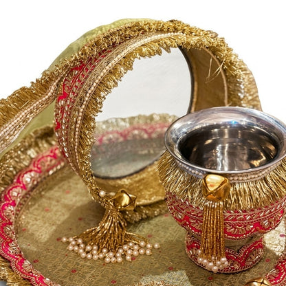 Festive Red & Gold Fringe Pooja Thali Set | Traditional Decorative Chalni, Lota & Plate Set for Karwa Chauth & Rituals