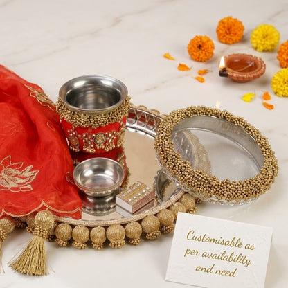 Embellished Red & Gold Pooja Thali Set | Festive Beaded Chalni, Lota & Plate Set for Karwa Chauth & Rituals