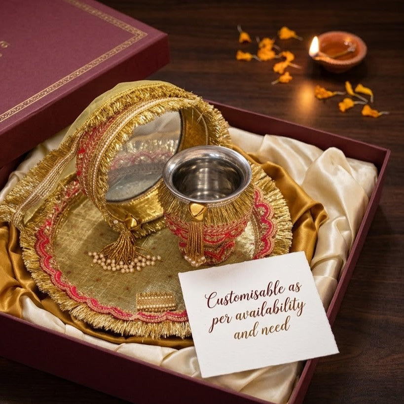 Festive Red & Gold Fringe Pooja Thali Set | Traditional Decorative Chalni, Lota & Plate Set for Karwa Chauth & Rituals