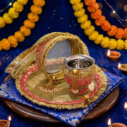 Festive Red & Gold Fringe Pooja Thali Set | Traditional Decorative Chalni, Lota & Plate Set for Karwa Chauth & Rituals