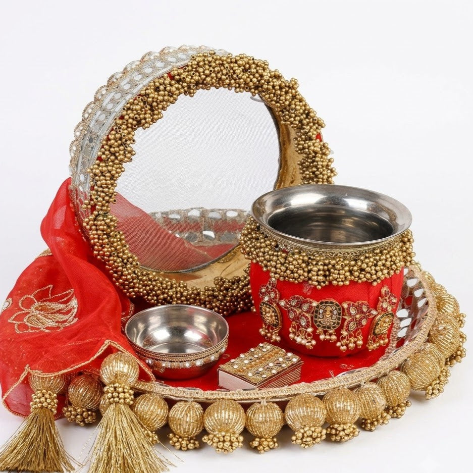 Embellished Red & Gold Pooja Thali Set | Festive Beaded Chalni, Lota & Plate Set for Karwa Chauth & Rituals