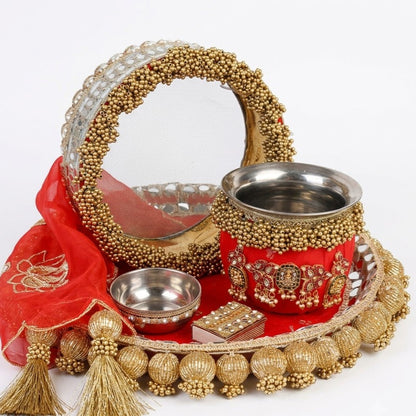 Embellished Red & Gold Pooja Thali Set | Festive Beaded Chalni, Lota & Plate Set for Karwa Chauth & Rituals