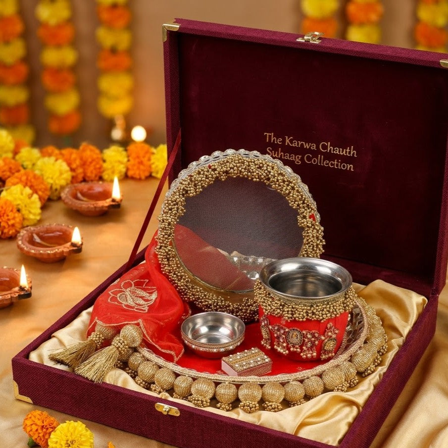 Embellished Red & Gold Pooja Thali Set | Festive Beaded Chalni, Lota & Plate Set for Karwa Chauth & Rituals