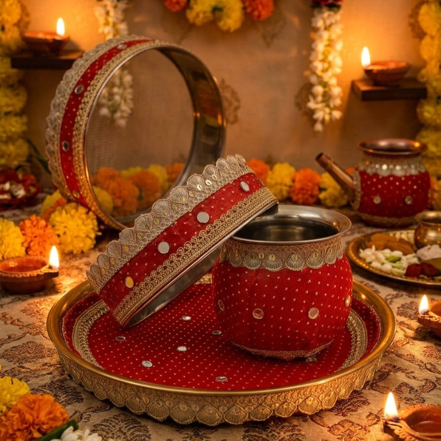 Traditional Red & Gold Pooja Thali Set | Festive Decorative Chalni, Lota & Plate Set for Karwa Chauth & Rituals
