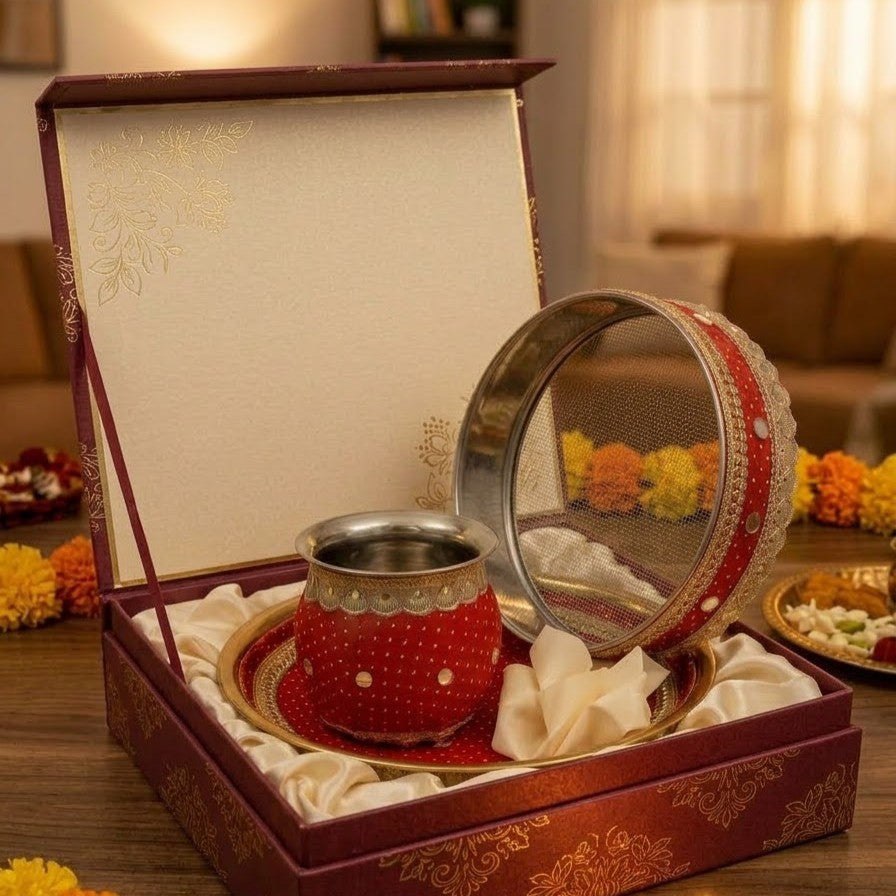 Traditional Red & Gold Pooja Thali Set | Festive Decorative Chalni, Lota & Plate Set for Karwa Chauth & Rituals