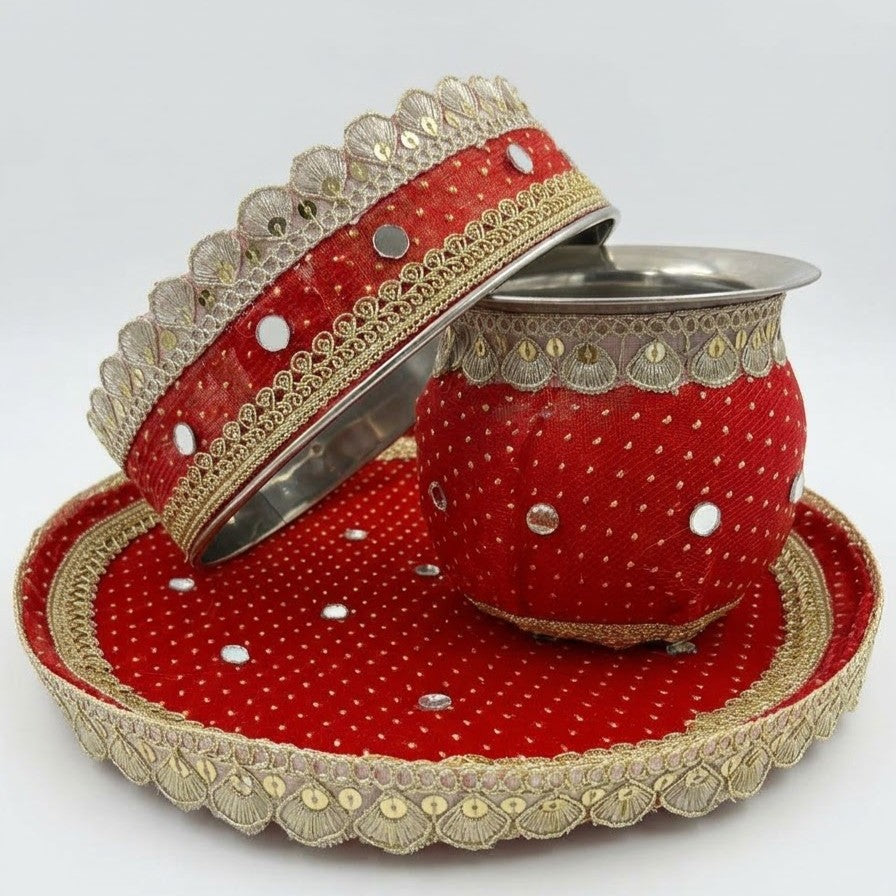 Traditional Red & Gold Pooja Thali Set | Festive Decorative Chalni, Lota & Plate Set for Karwa Chauth & Rituals