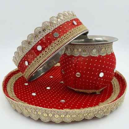 Traditional Red & Gold Pooja Thali Set | Festive Decorative Chalni, Lota & Plate Set for Karwa Chauth & Rituals