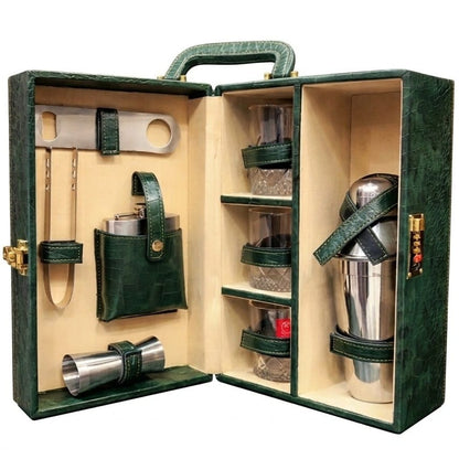 Luxury Green Leatherette Bar Tool Kit Set | Premium Portable Cocktail Shaker & Barware Gift Box for Home Bar & Parties