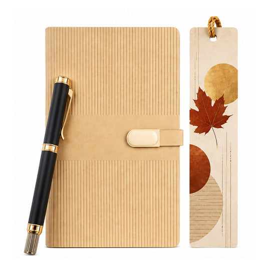 Beige Textured Diary with Black-Gold Pen & Maple Leaf Bookmark - close-up detail