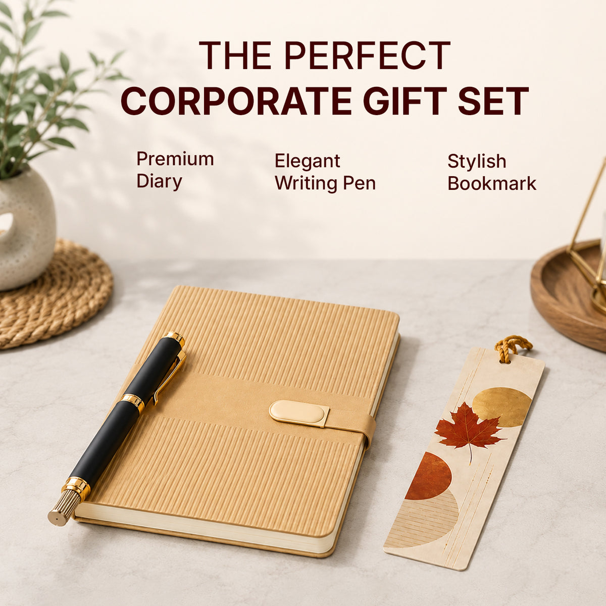 Beige Textured Diary with Black-Gold Pen & Maple Leaf Bookmark - detail view