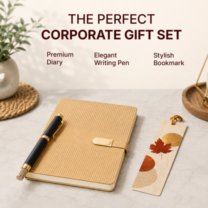 Beige Textured Diary with Black-Gold Pen & Maple Leaf Bookmark - detail view