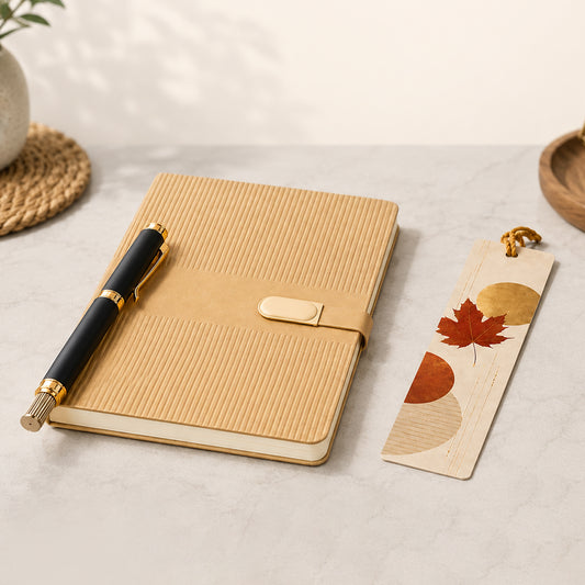 Beige Textured Diary with Black-Gold Pen & Maple Leaf Bookmark