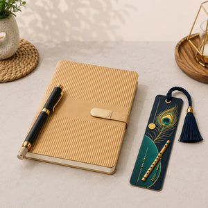 Beige Textured Diary with Black-Gold Pen & Peacock Bookmark