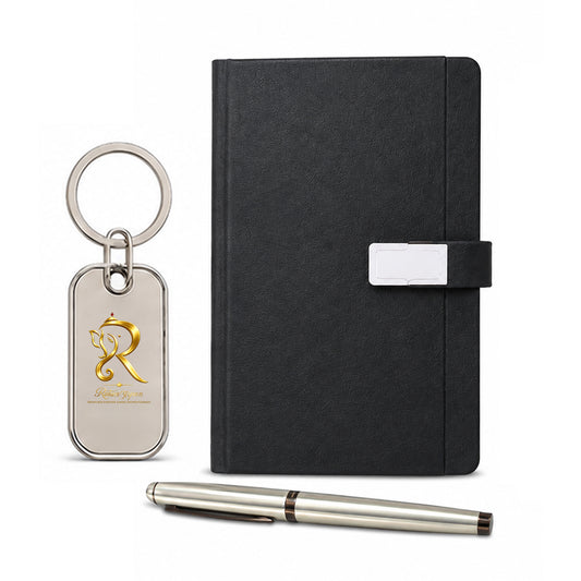 Black Strap Executive Diary with Silver Pen & Personalised Keychain - close-up detail