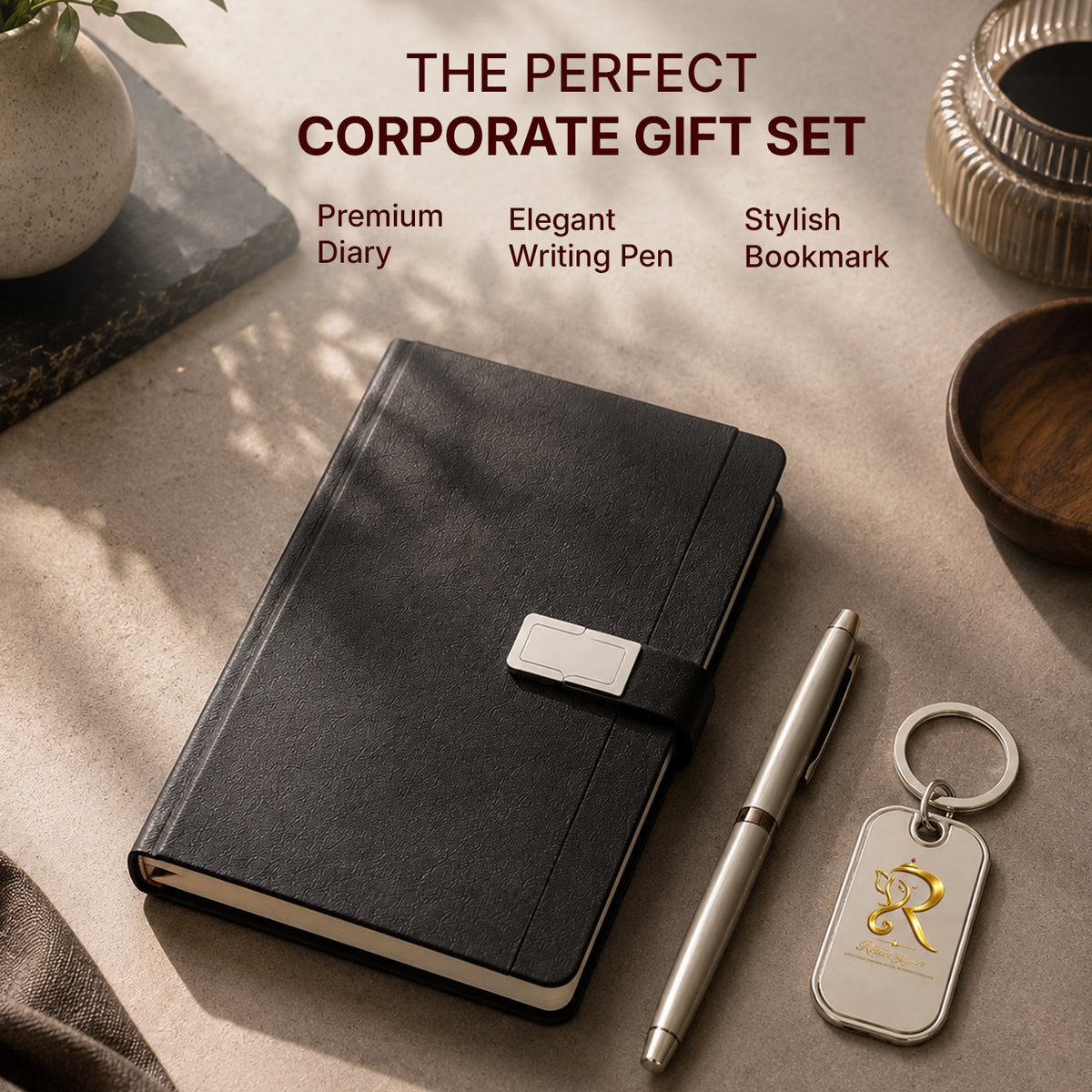 Black Strap Executive Diary with Silver Pen & Personalised Keychain - detail view