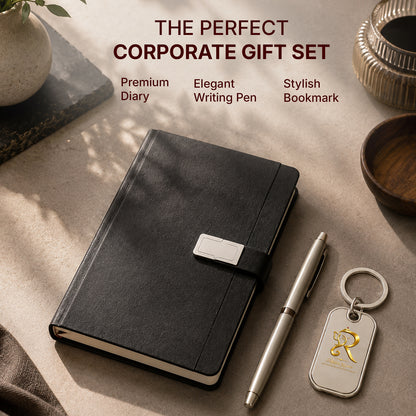 Black Strap Executive Diary with Silver Pen & Personalised Keychain - detail view