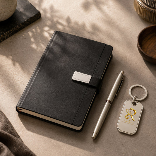 Black Strap Executive Diary with Silver Pen & Personalised Keychain