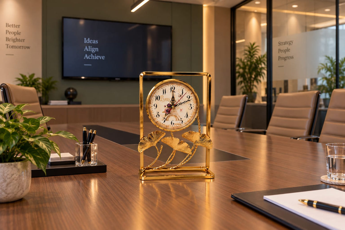 Ginkgo Leaf Design Gold Desk Clock